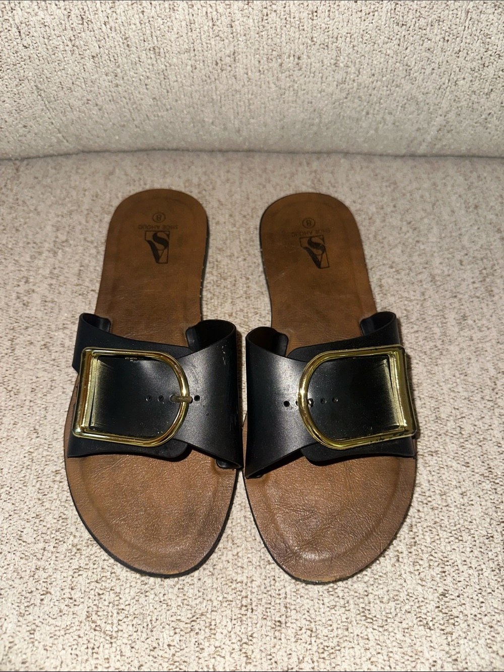 Women’s Black Slide Sandals with Gold Buckle